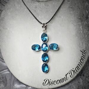 London Blue Oval Shaped Topaz  Cross Pendant Necklace on 925 Silver Women's…